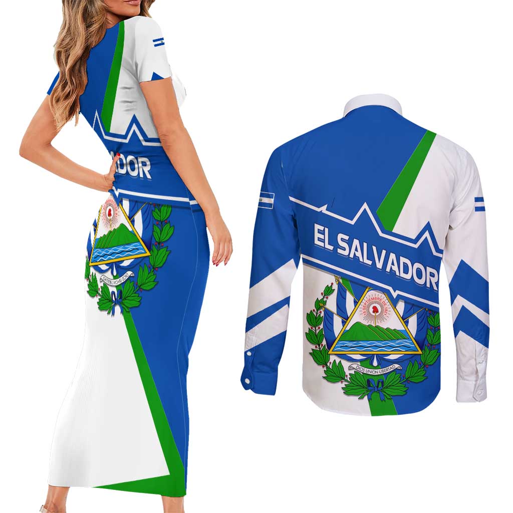 El Salvador Flag Crest Couples Matching Short Sleeve Bodycon Dress and Long Sleeve Button Shirt with Blue Green Stripes and Bold Letter Design - Wonder Print Shop