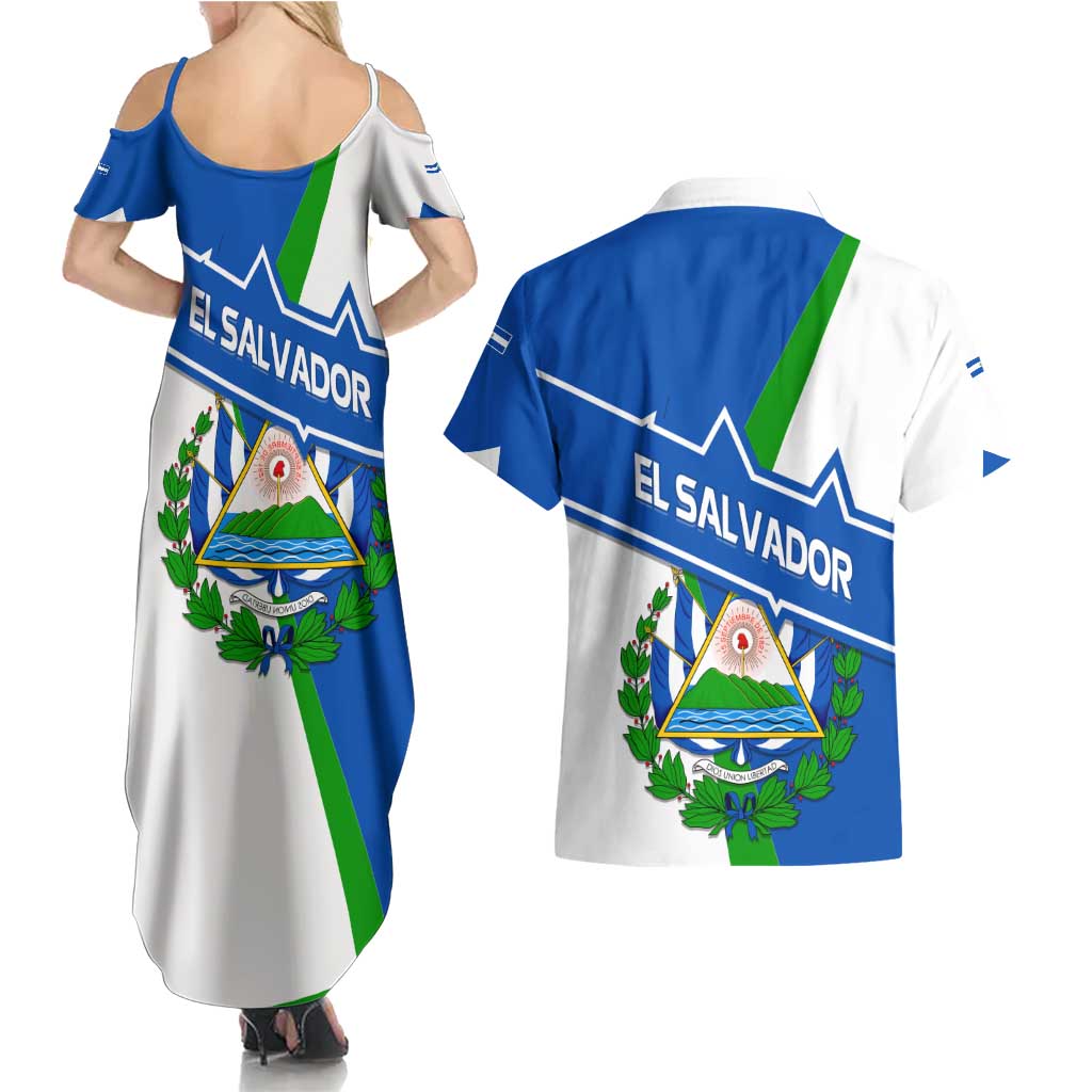 El Salvador Flag Crest Couples Matching Summer Maxi Dress and Hawaiian Shirt with Blue Green Stripes and Bold Letter Design - Wonder Print Shop
