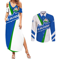 El Salvador Flag Crest Couples Matching Summer Maxi Dress and Long Sleeve Button Shirt with Blue Green Stripes and Bold Letter Design - Wonder Print Shop
