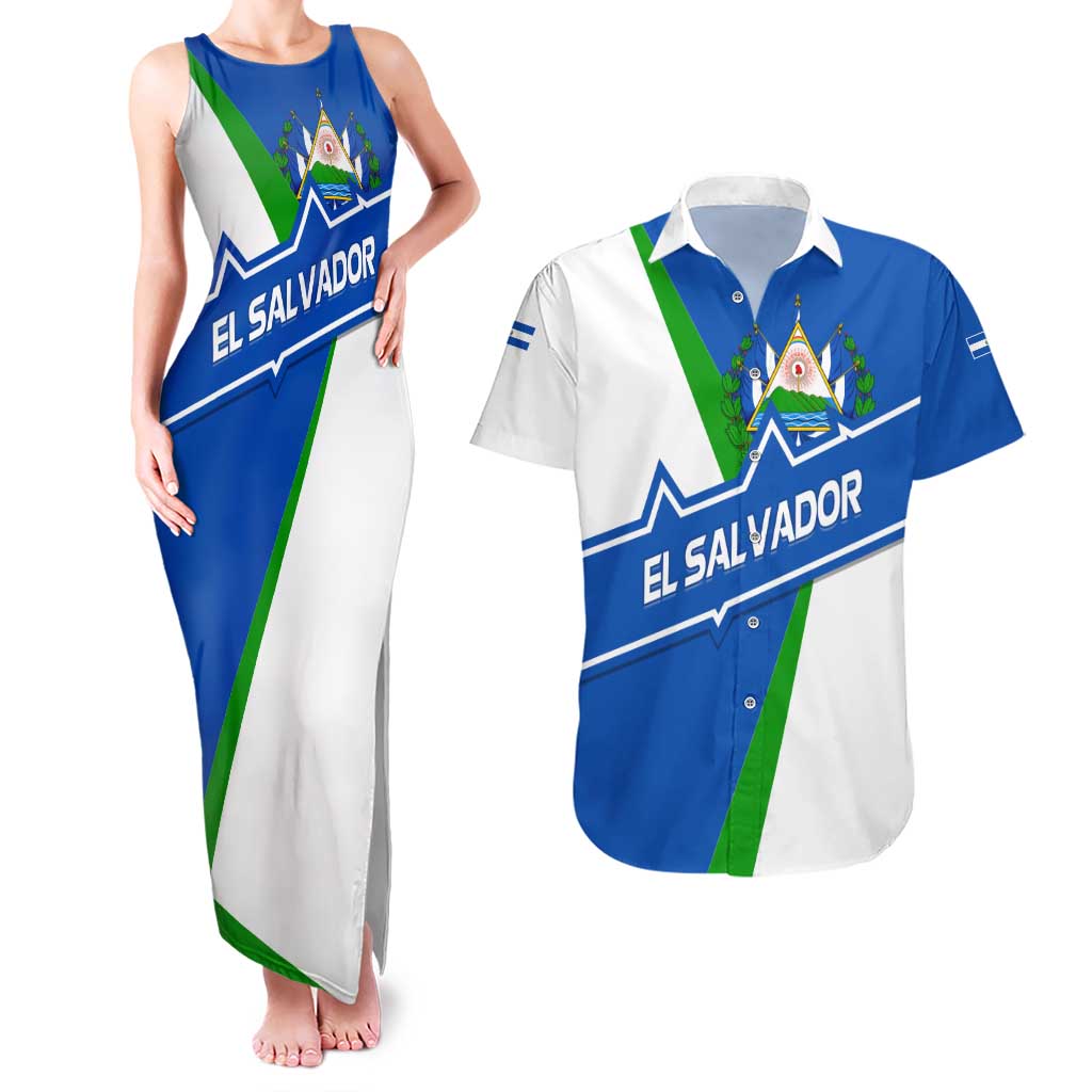 El Salvador Flag Crest Couples Matching Tank Maxi Dress and Hawaiian Shirt with Blue Green Stripes and Bold Letter Design - Wonder Print Shop
