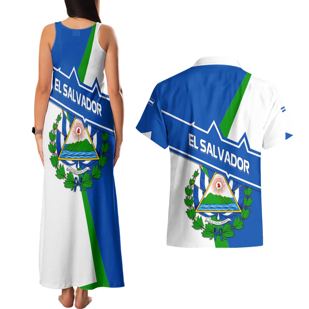 El Salvador Flag Crest Couples Matching Tank Maxi Dress and Hawaiian Shirt with Blue Green Stripes and Bold Letter Design - Wonder Print Shop