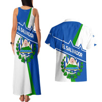 El Salvador Flag Crest Couples Matching Tank Maxi Dress and Hawaiian Shirt with Blue Green Stripes and Bold Letter Design - Wonder Print Shop