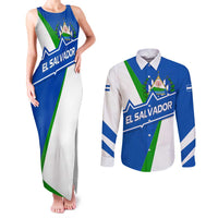 El Salvador Flag Crest Couples Matching Tank Maxi Dress and Long Sleeve Button Shirt with Blue Green Stripes and Bold Letter Design - Wonder Print Shop