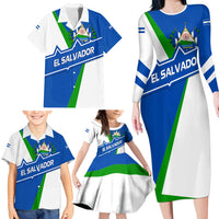 El Salvador Flag Crest Family Matching Long Sleeve Bodycon Dress and Hawaiian Shirt with Blue Green Stripes and Bold Letter Design - Wonder Print Shop