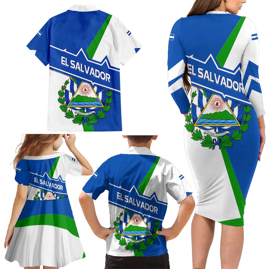 El Salvador Flag Crest Family Matching Long Sleeve Bodycon Dress and Hawaiian Shirt with Blue Green Stripes and Bold Letter Design - Wonder Print Shop
