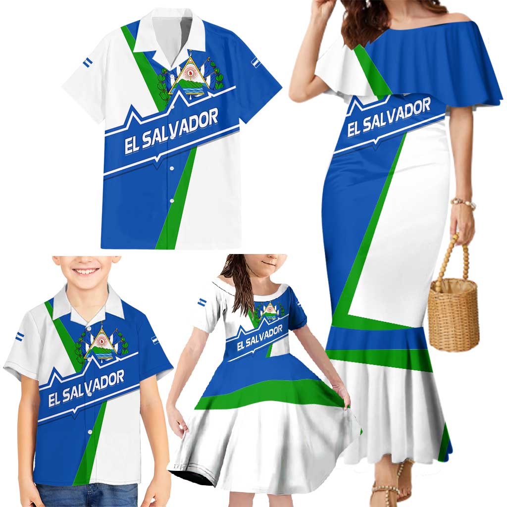 El Salvador Flag Crest Family Matching Mermaid Dress and Hawaiian Shirt with Blue Green Stripes and Bold Letter Design - Wonder Print Shop