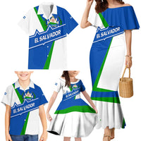 El Salvador Flag Crest Family Matching Mermaid Dress and Hawaiian Shirt with Blue Green Stripes and Bold Letter Design - Wonder Print Shop