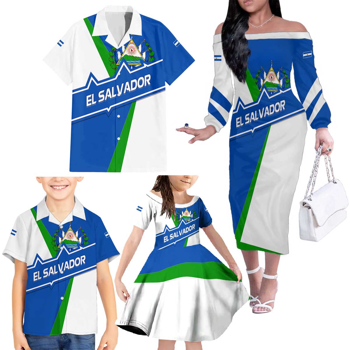 El Salvador Flag Crest Family Matching Off The Shoulder Long Sleeve Dress and Hawaiian Shirt with Blue Green Stripes and Bold Letter Design - Wonder Print Shop