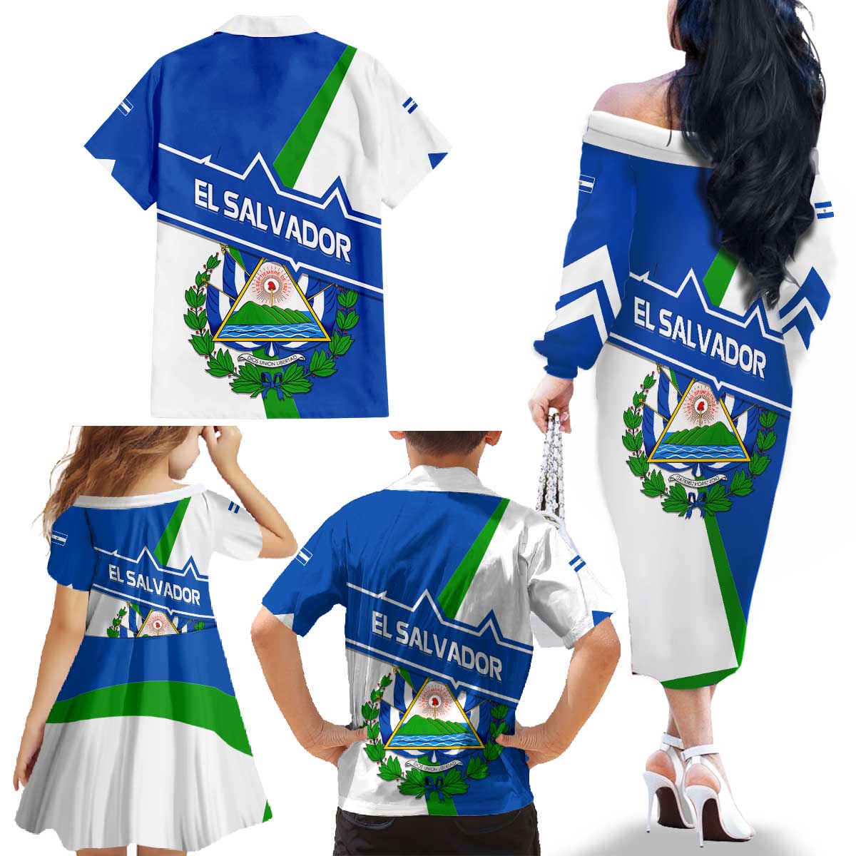 El Salvador Flag Crest Family Matching Off The Shoulder Long Sleeve Dress and Hawaiian Shirt with Blue Green Stripes and Bold Letter Design - Wonder Print Shop