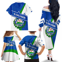 El Salvador Flag Crest Family Matching Off The Shoulder Long Sleeve Dress and Hawaiian Shirt with Blue Green Stripes and Bold Letter Design - Wonder Print Shop