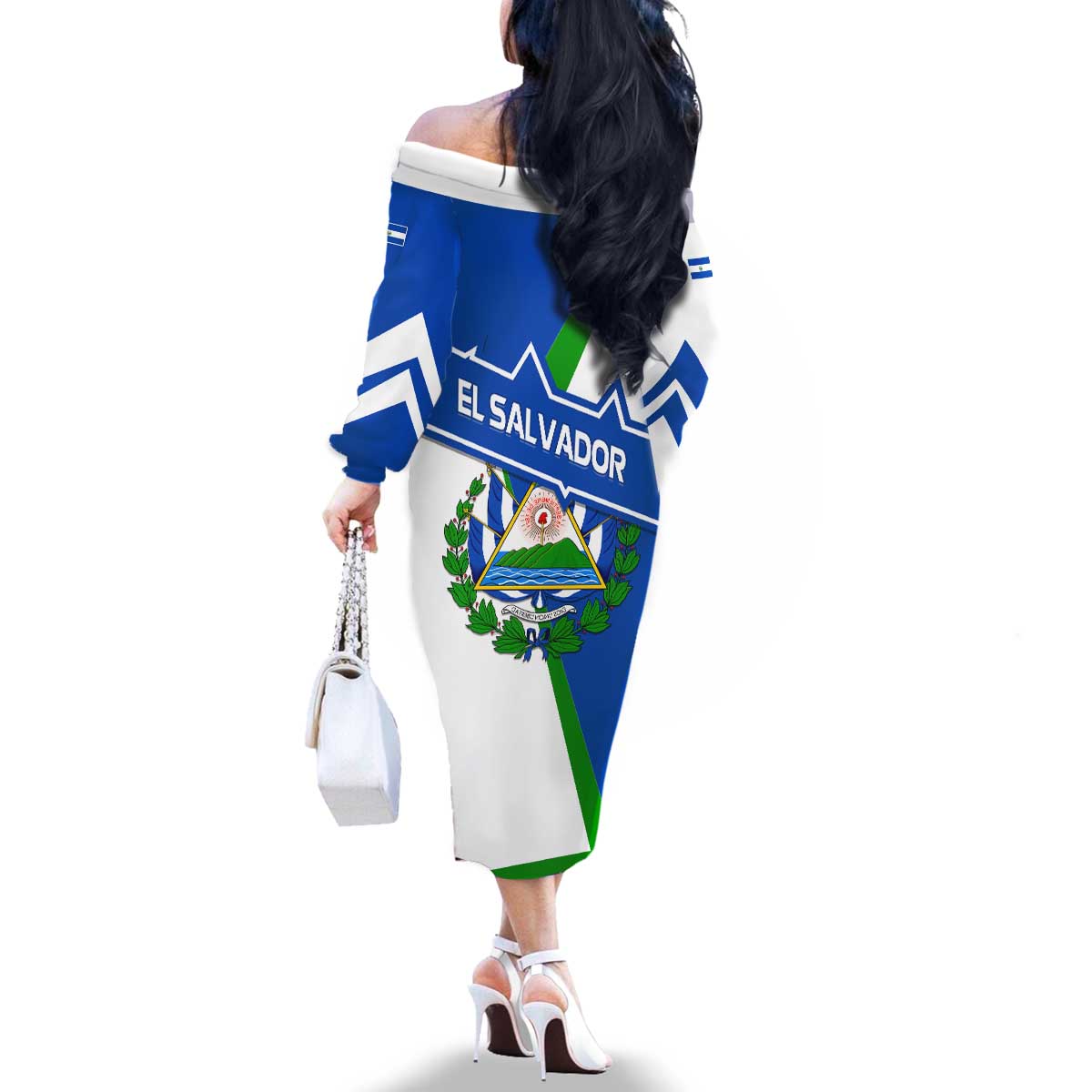 El Salvador Flag Crest Family Matching Off The Shoulder Long Sleeve Dress and Hawaiian Shirt with Blue Green Stripes and Bold Letter Design - Wonder Print Shop