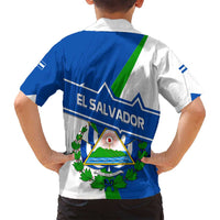 El Salvador Flag Crest Family Matching Off Shoulder Maxi Dress and Hawaiian Shirt with Blue Green Stripes and Bold Letter Design - Wonder Print Shop