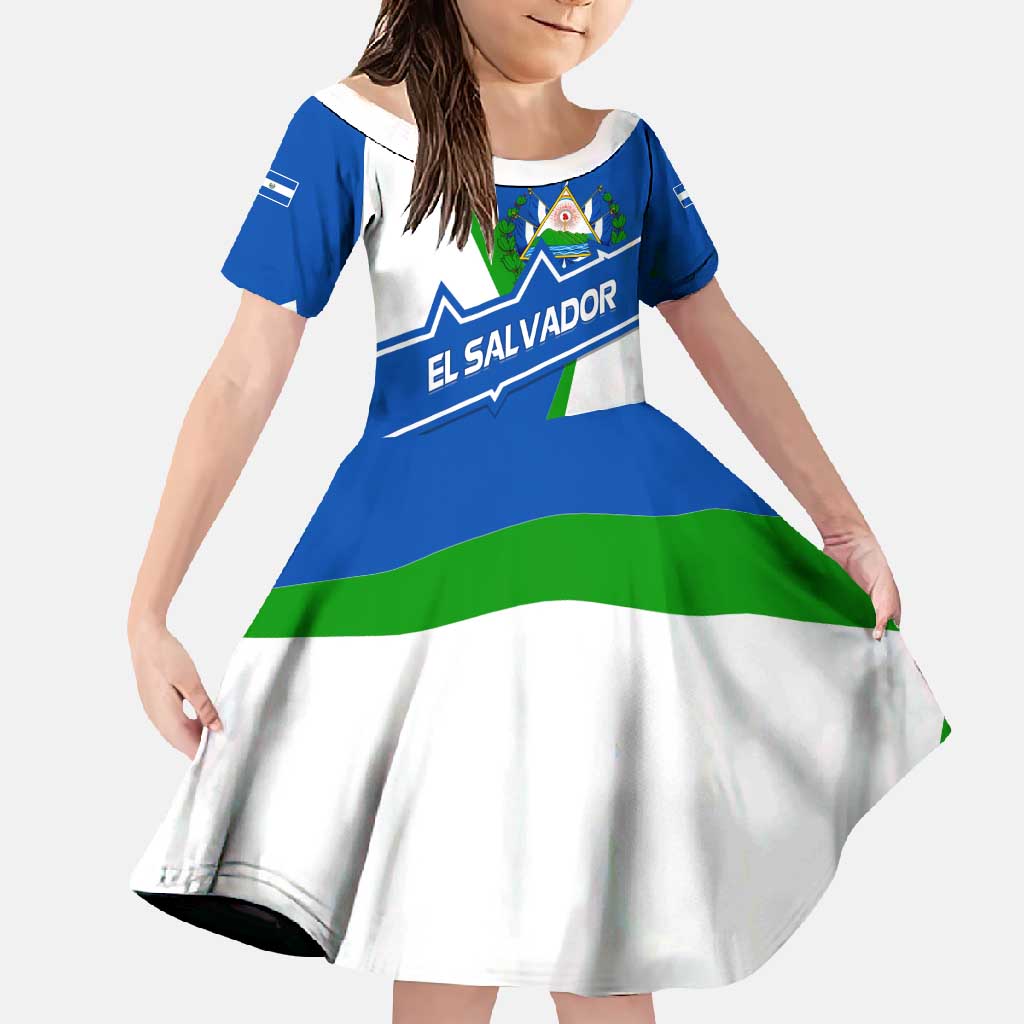 El Salvador Flag Crest Family Matching Off Shoulder Maxi Dress and Hawaiian Shirt with Blue Green Stripes and Bold Letter Design - Wonder Print Shop