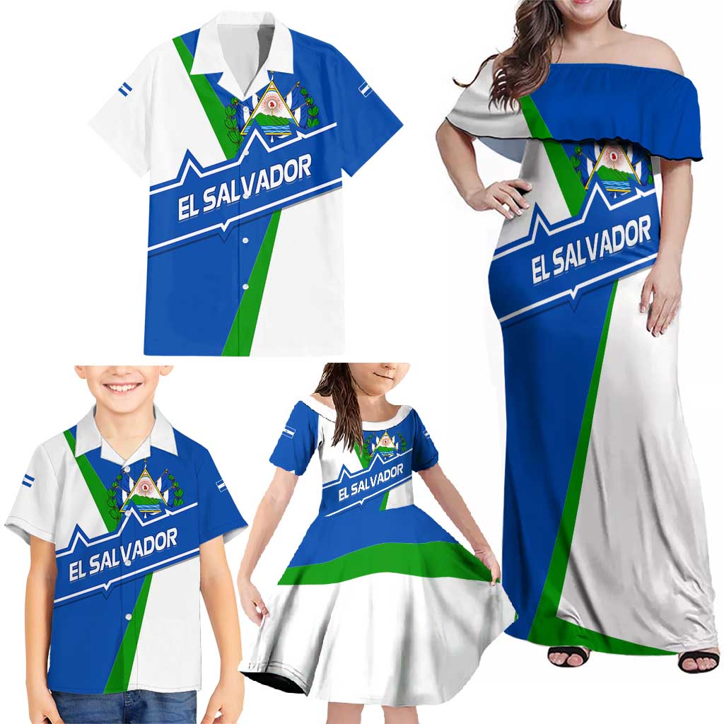 El Salvador Flag Crest Family Matching Off Shoulder Maxi Dress and Hawaiian Shirt with Blue Green Stripes and Bold Letter Design - Wonder Print Shop