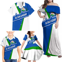 El Salvador Flag Crest Family Matching Off Shoulder Maxi Dress and Hawaiian Shirt with Blue Green Stripes and Bold Letter Design - Wonder Print Shop