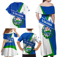 El Salvador Flag Crest Family Matching Off Shoulder Maxi Dress and Hawaiian Shirt with Blue Green Stripes and Bold Letter Design - Wonder Print Shop