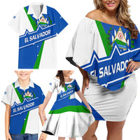 El Salvador Flag Crest Family Matching Off Shoulder Short Dress and Hawaiian Shirt with Blue Green Stripes and Bold Letter Design - Wonder Print Shop