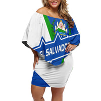 El Salvador Flag Crest Family Matching Off Shoulder Short Dress and Hawaiian Shirt with Blue Green Stripes and Bold Letter Design - Wonder Print Shop