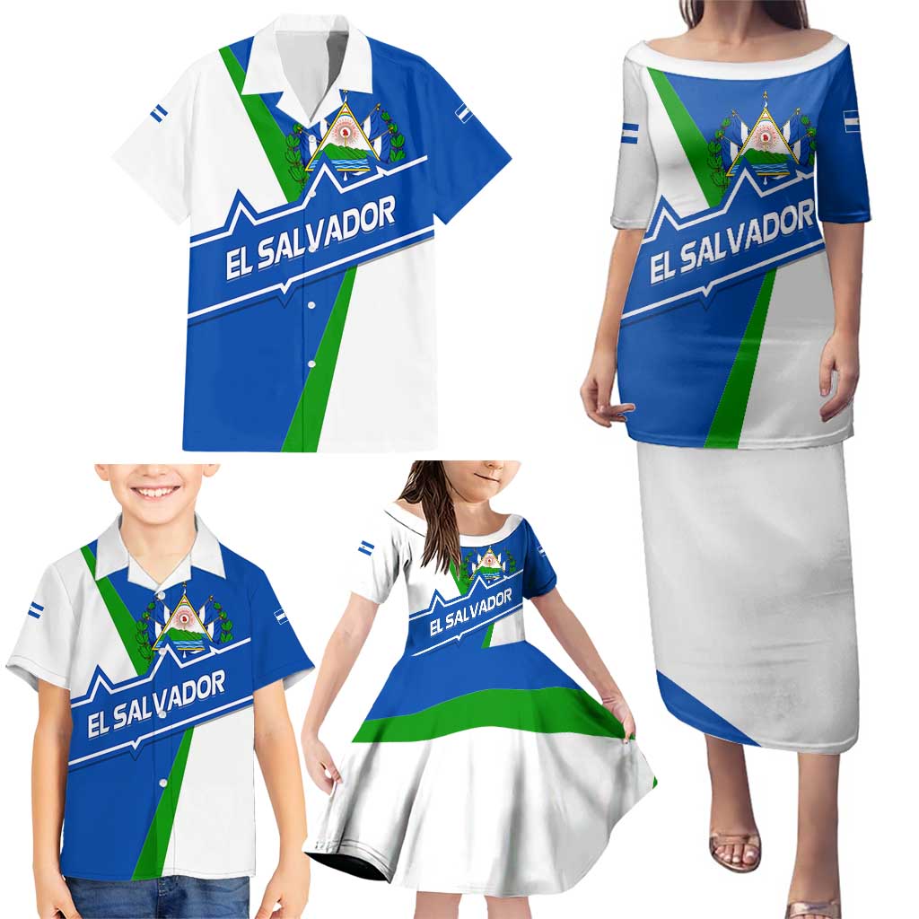 El Salvador Flag Crest Family Matching Puletasi and Hawaiian Shirt with Blue Green Stripes and Bold Letter Design - Wonder Print Shop