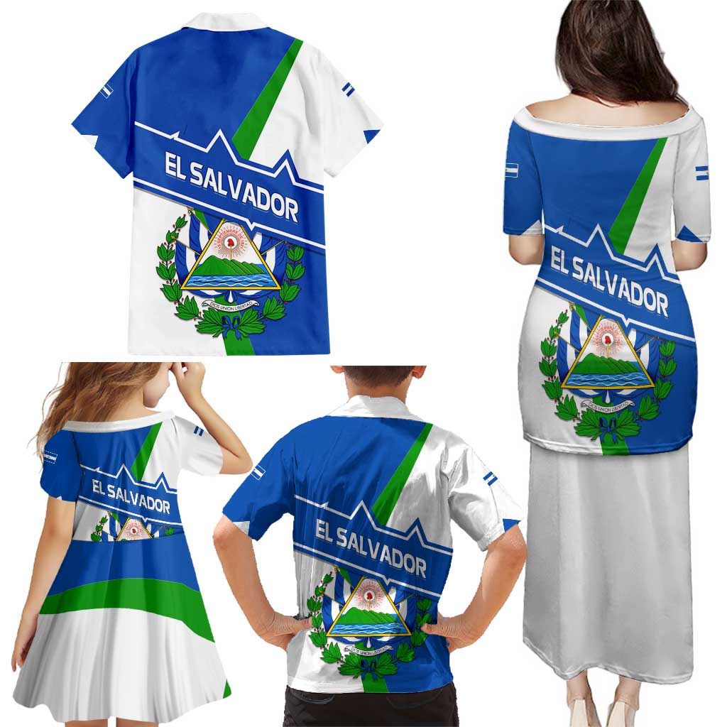 El Salvador Flag Crest Family Matching Puletasi and Hawaiian Shirt with Blue Green Stripes and Bold Letter Design - Wonder Print Shop