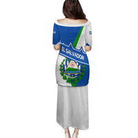 El Salvador Flag Crest Family Matching Puletasi and Hawaiian Shirt with Blue Green Stripes and Bold Letter Design - Wonder Print Shop