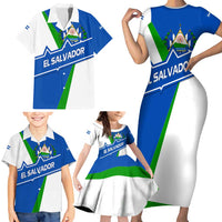 El Salvador Flag Crest Family Matching Short Sleeve Bodycon Dress and Hawaiian Shirt with Blue Green Stripes and Bold Letter Design - Wonder Print Shop