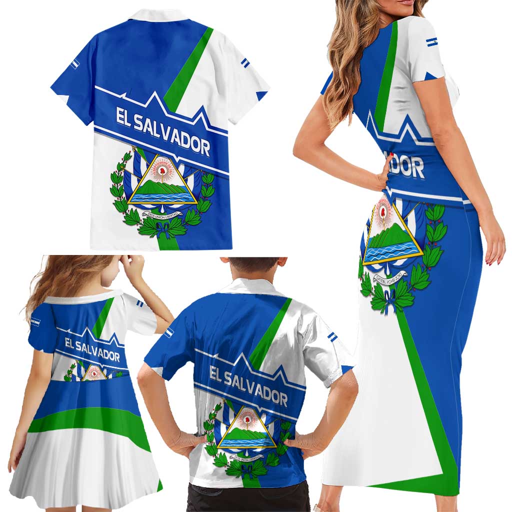 El Salvador Flag Crest Family Matching Short Sleeve Bodycon Dress and Hawaiian Shirt with Blue Green Stripes and Bold Letter Design - Wonder Print Shop
