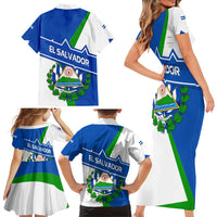 El Salvador Flag Crest Family Matching Short Sleeve Bodycon Dress and Hawaiian Shirt with Blue Green Stripes and Bold Letter Design - Wonder Print Shop