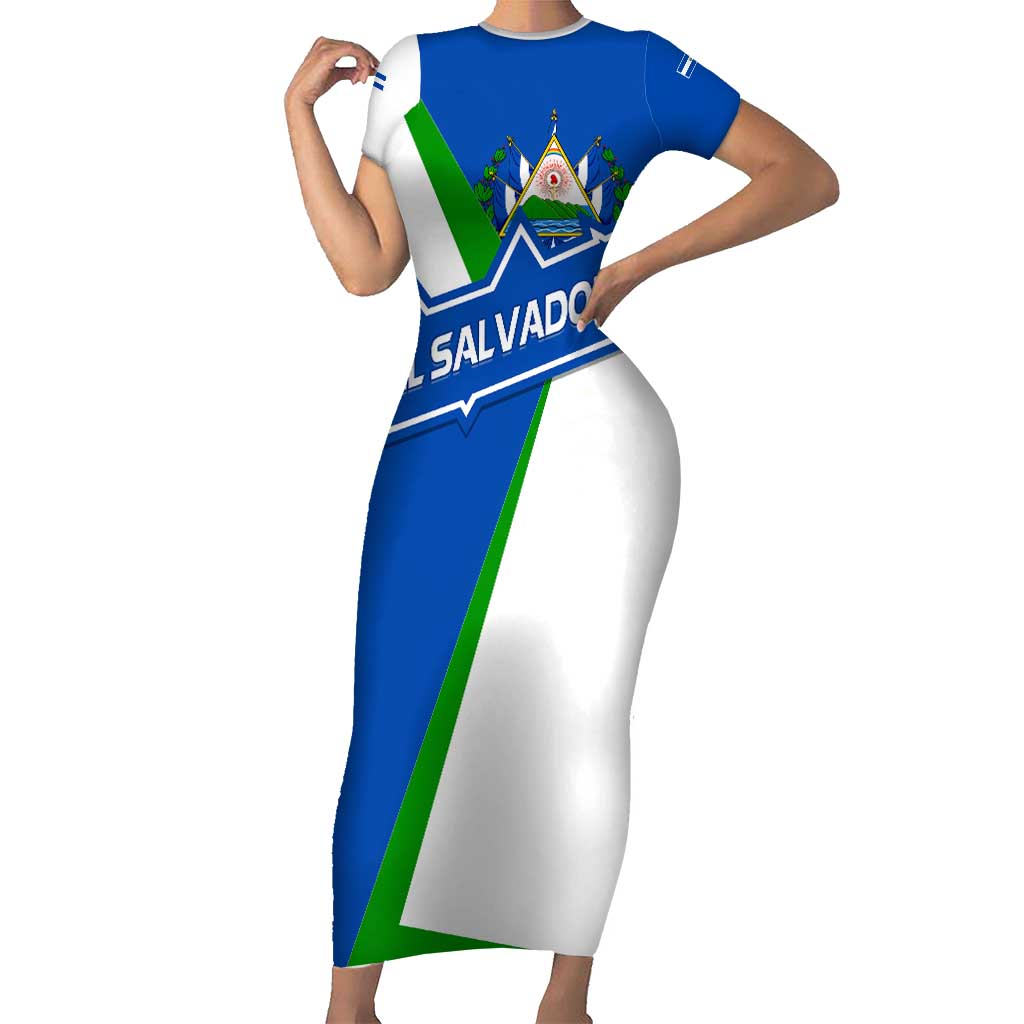El Salvador Flag Crest Family Matching Short Sleeve Bodycon Dress and Hawaiian Shirt with Blue Green Stripes and Bold Letter Design - Wonder Print Shop