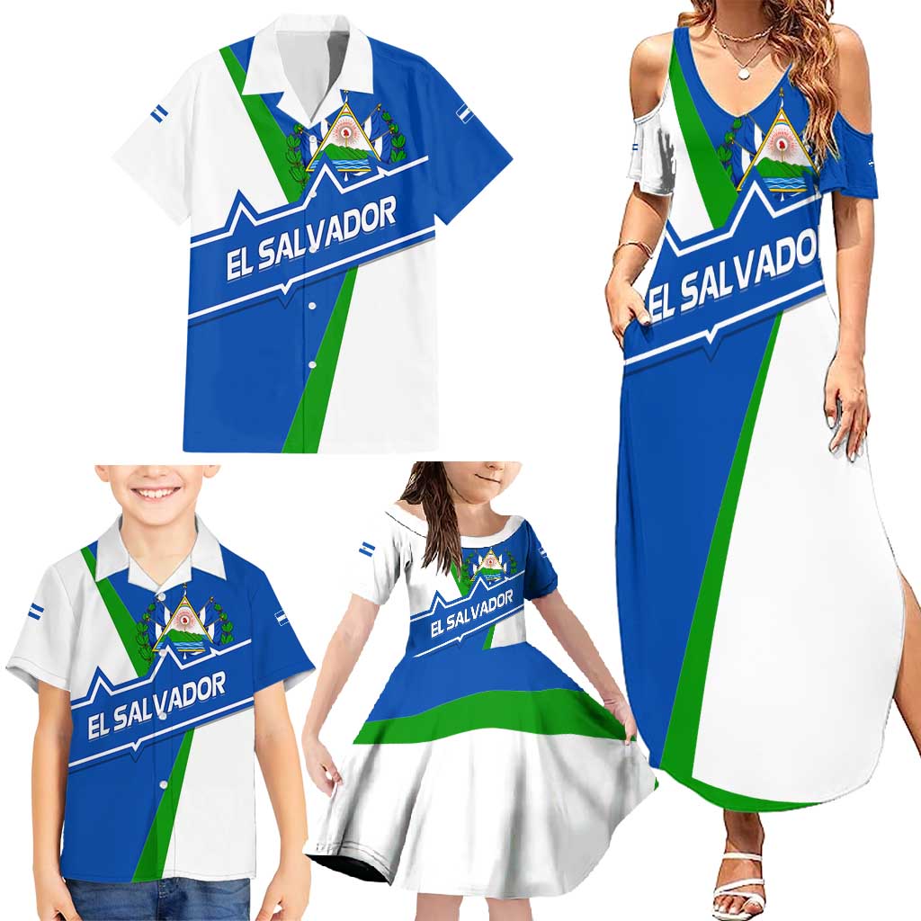 El Salvador Flag Crest Family Matching Summer Maxi Dress and Hawaiian Shirt with Blue Green Stripes and Bold Letter Design - Wonder Print Shop