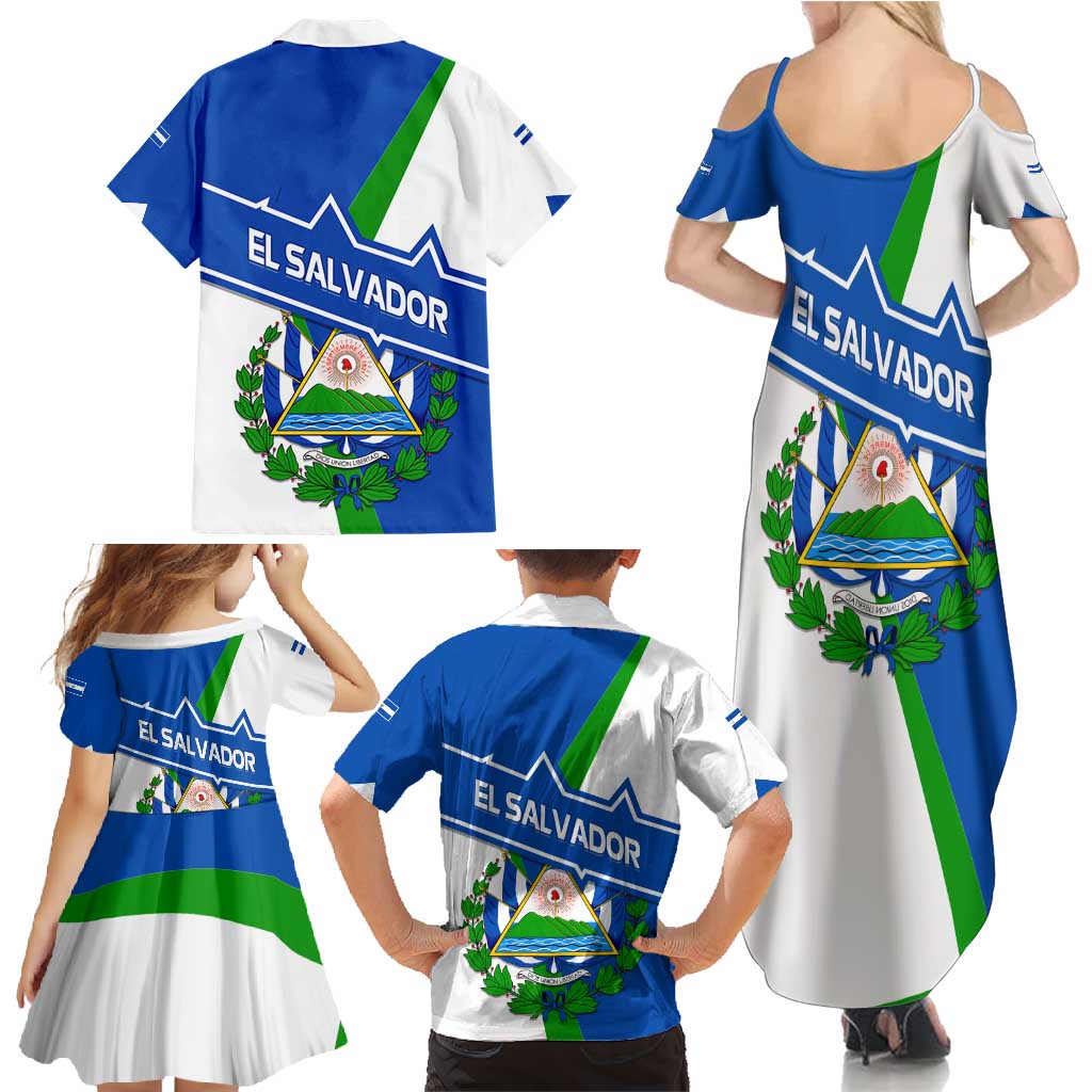 El Salvador Flag Crest Family Matching Summer Maxi Dress and Hawaiian Shirt with Blue Green Stripes and Bold Letter Design - Wonder Print Shop