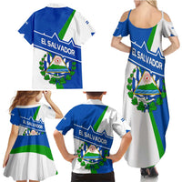 El Salvador Flag Crest Family Matching Summer Maxi Dress and Hawaiian Shirt with Blue Green Stripes and Bold Letter Design - Wonder Print Shop