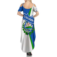 El Salvador Flag Crest Family Matching Summer Maxi Dress and Hawaiian Shirt with Blue Green Stripes and Bold Letter Design - Wonder Print Shop