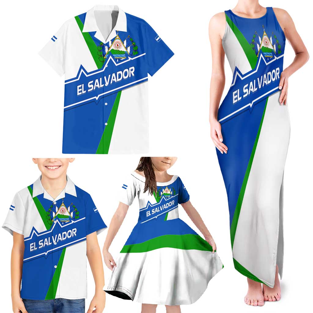 El Salvador Flag Crest Family Matching Tank Maxi Dress and Hawaiian Shirt with Blue Green Stripes and Bold Letter Design - Wonder Print Shop