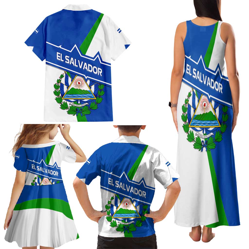 El Salvador Flag Crest Family Matching Tank Maxi Dress and Hawaiian Shirt with Blue Green Stripes and Bold Letter Design - Wonder Print Shop