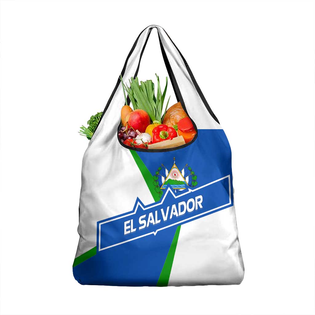 El Salvador Flag Crest Grocery Bag with Blue Green Stripes and Bold Letter Design - Wonder Print Shop