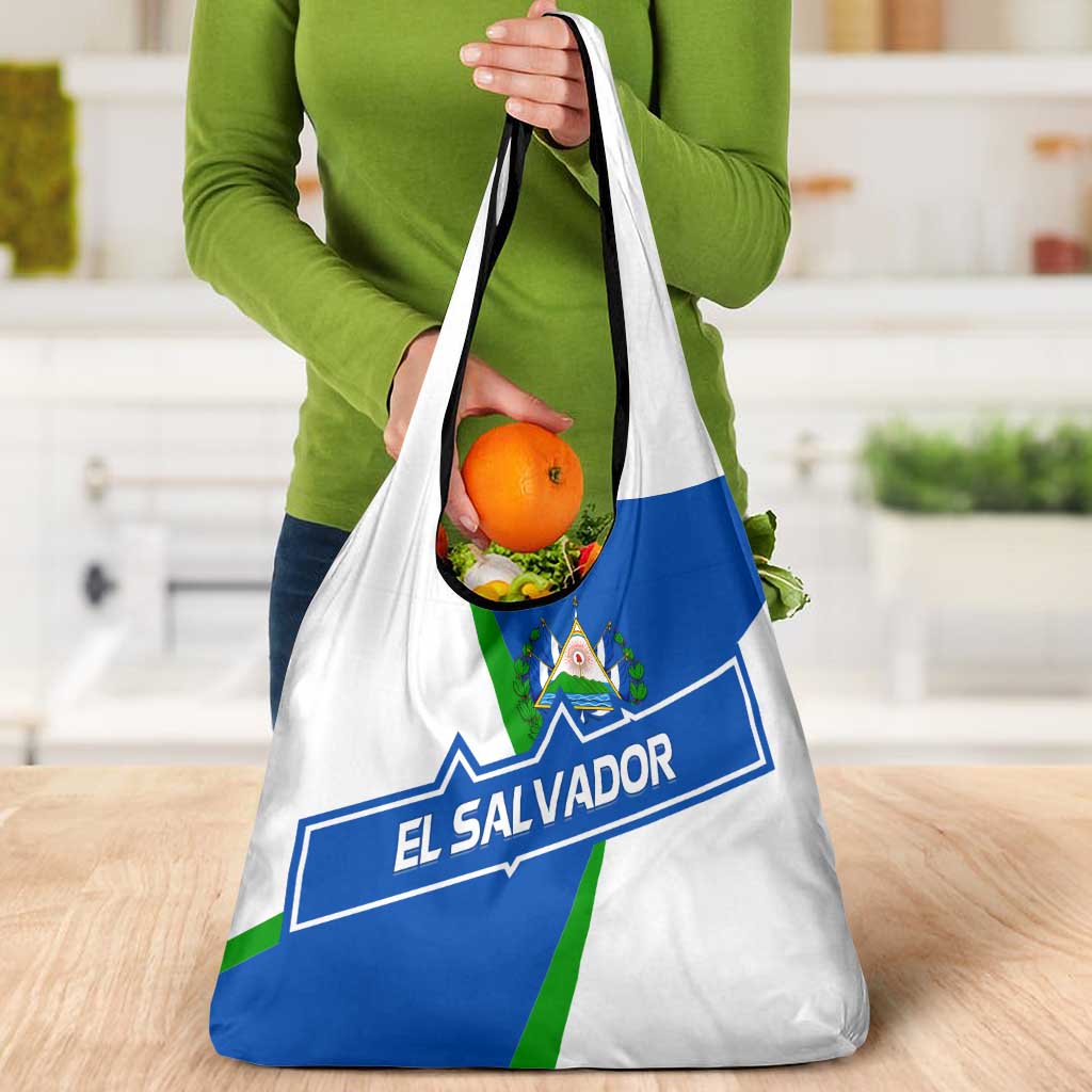 El Salvador Flag Crest Grocery Bag with Blue Green Stripes and Bold Letter Design - Wonder Print Shop