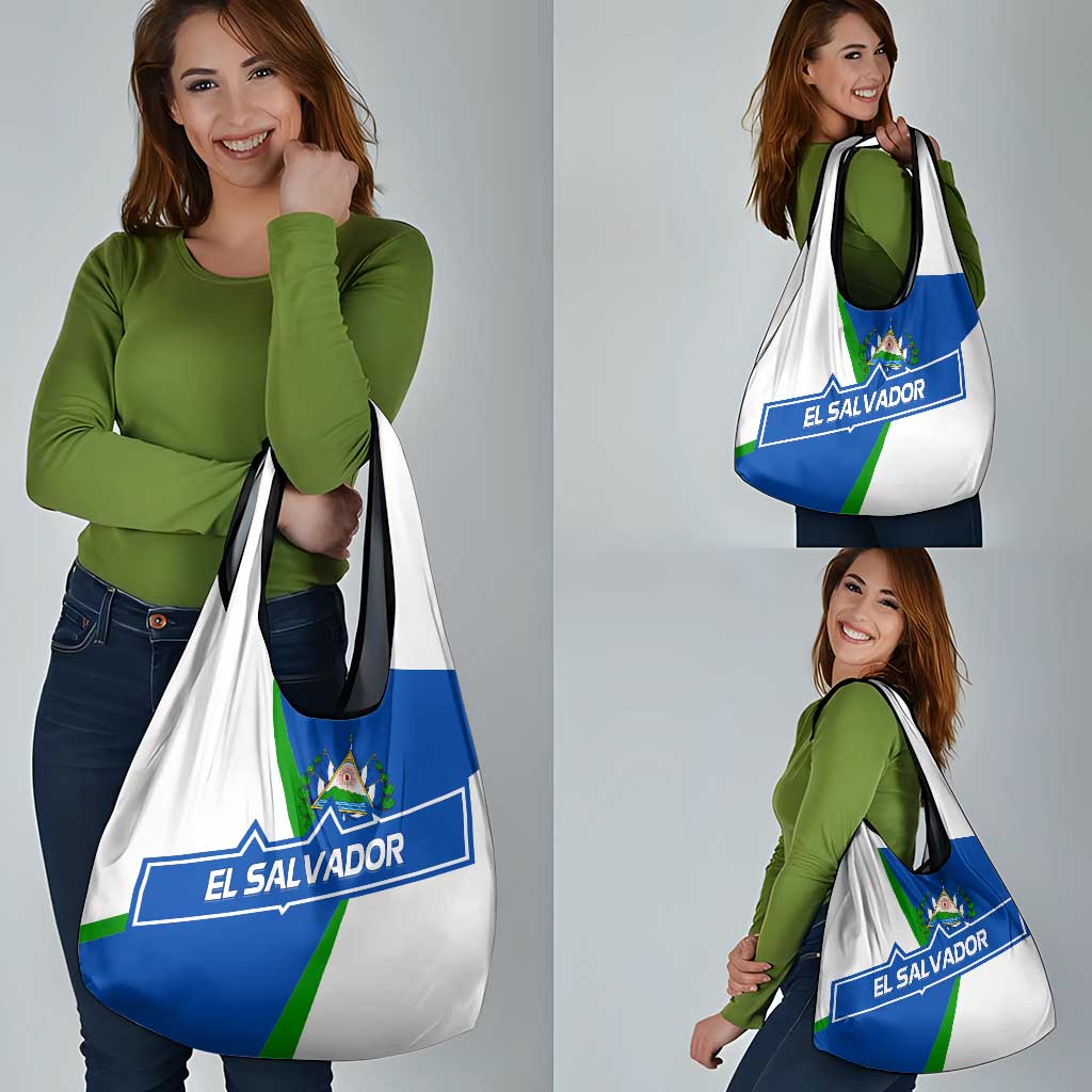 El Salvador Flag Crest Grocery Bag with Blue Green Stripes and Bold Letter Design - Wonder Print Shop