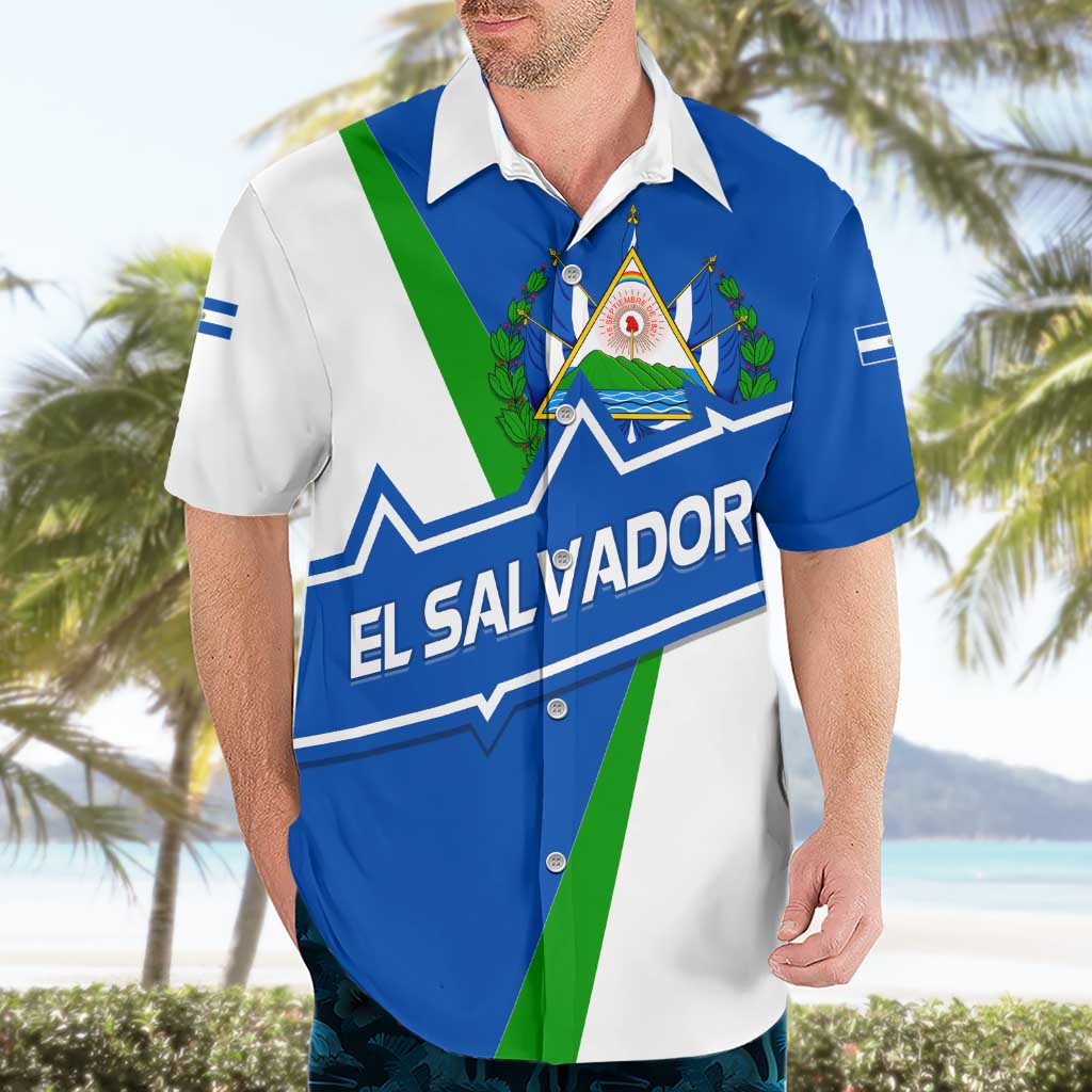 El Salvador Flag Crest Hawaiian Shirt with Blue Green Stripes and Bold Letter Design - Wonder Print Shop