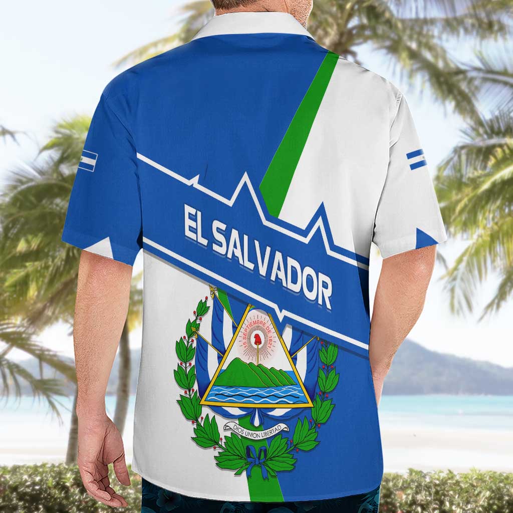El Salvador Flag Crest Hawaiian Shirt with Blue Green Stripes and Bold Letter Design - Wonder Print Shop