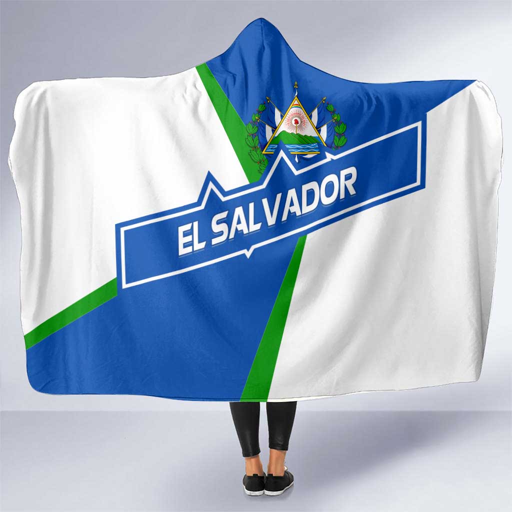 El Salvador Flag Crest Hooded Blanket with Blue Green Stripes and Bold Letter Design - Wonder Print Shop