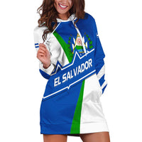 El Salvador Flag Crest Hoodie Dress with Blue Green Stripes and Bold Letter Design - Wonder Print Shop