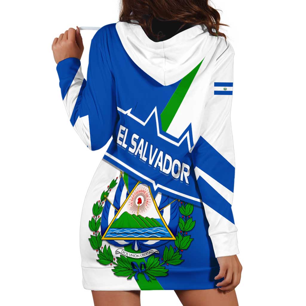 El Salvador Flag Crest Hoodie Dress with Blue Green Stripes and Bold Letter Design - Wonder Print Shop