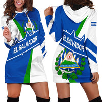 El Salvador Flag Crest Hoodie Dress with Blue Green Stripes and Bold Letter Design - Wonder Print Shop