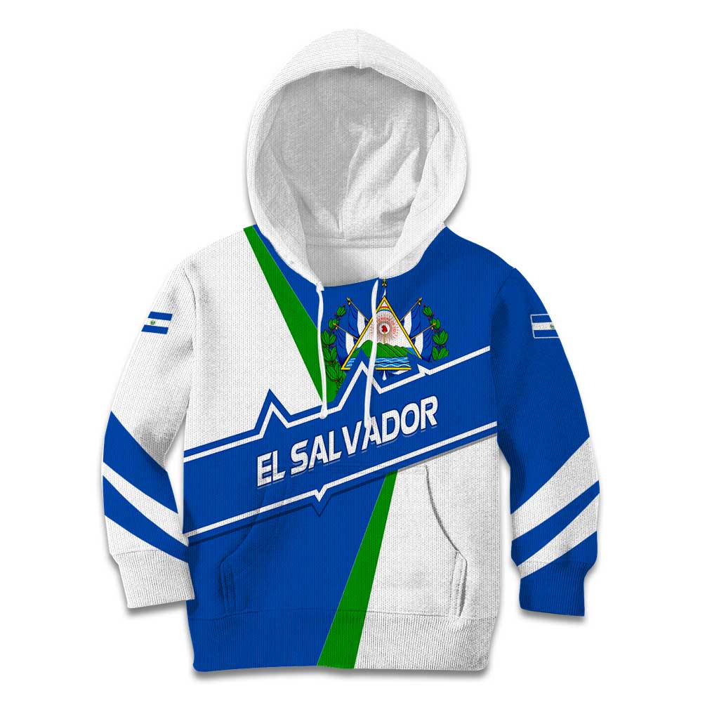El Salvador Flag Crest Kid Hoodie with Blue Green Stripes and Bold Letter Design - Wonder Print Shop