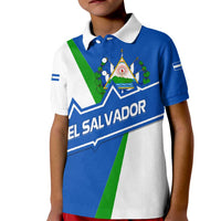 El Salvador Flag Crest Kid Polo Shirt with Blue Green Stripes and Bold Letter Design - Wonder Print Shop