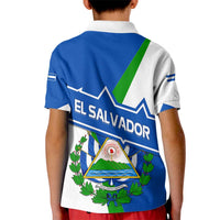 El Salvador Flag Crest Kid Polo Shirt with Blue Green Stripes and Bold Letter Design - Wonder Print Shop