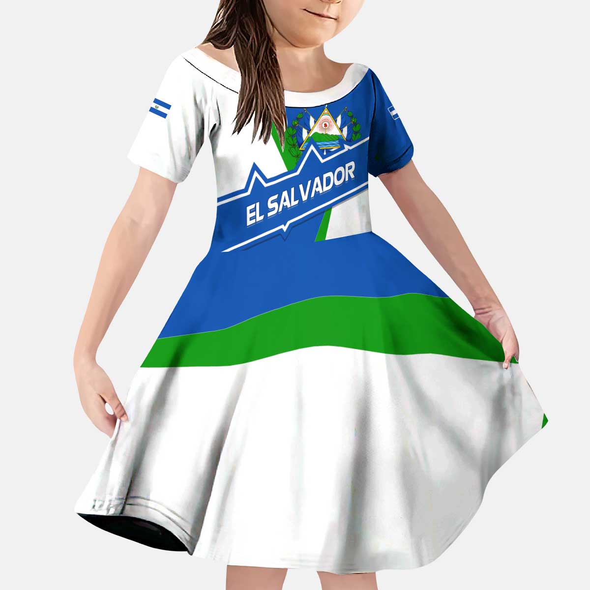 El Salvador Flag Crest Kid Short Sleeve Dress with Blue Green Stripes and Bold Letter Design - Wonder Print Shop