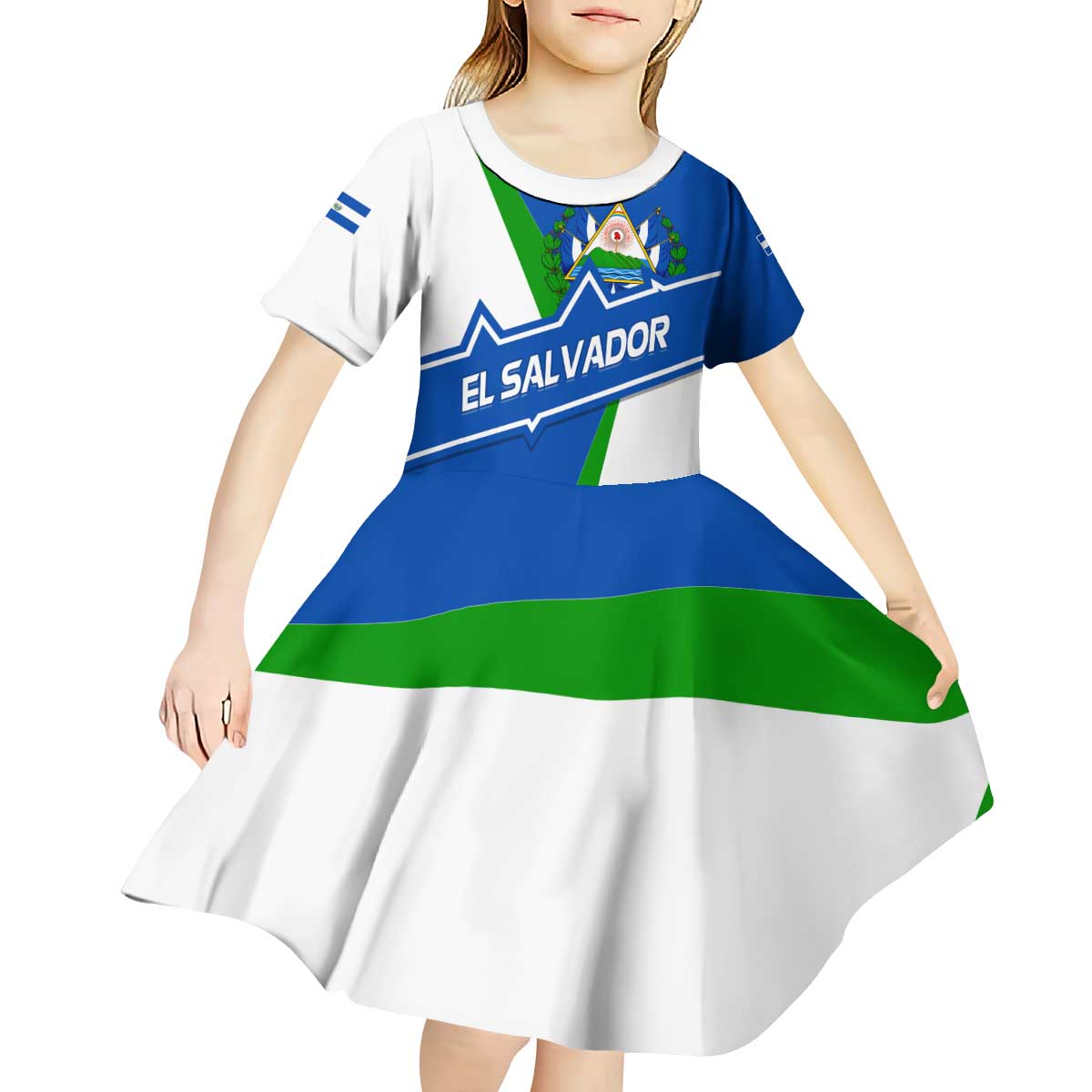 El Salvador Flag Crest Kid Short Sleeve Dress with Blue Green Stripes and Bold Letter Design - Wonder Print Shop