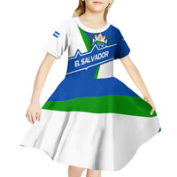 El Salvador Flag Crest Kid Short Sleeve Dress with Blue Green Stripes and Bold Letter Design - Wonder Print Shop